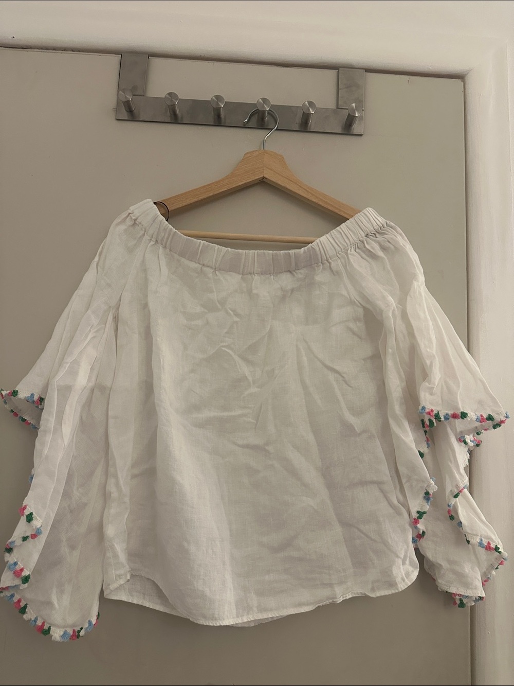 Zara White Off-Shoulder Peasant Top with Multicolor Pom Trim